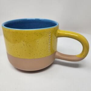 2018 Starbucks Terra Cotta Two-Tone Long Handle Coffee Mug Yellow Blue 12 oz.